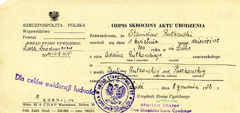KKE 3508.jpg - Odpis Aktu Urodzenia, Stanisłąwa Rutkowskiego ojca Jana Rutkowskiego, Łódź, 1952 r.